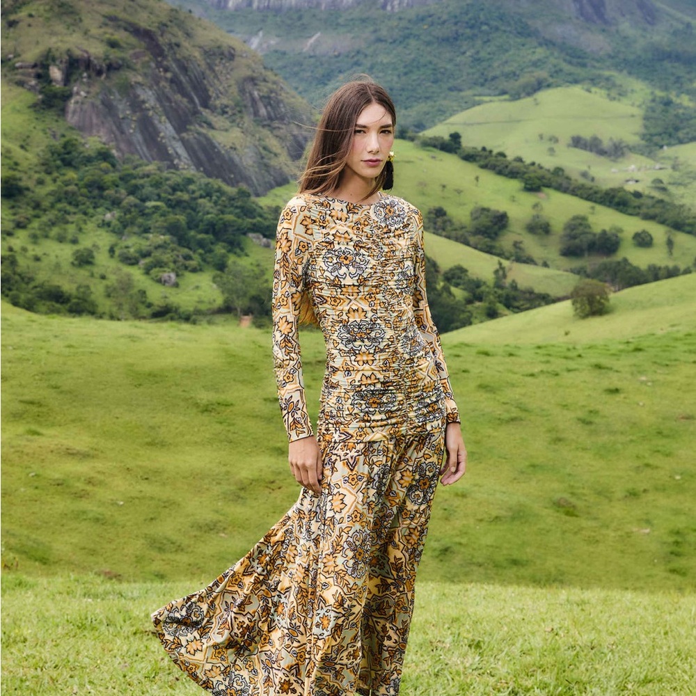 FARM Rio Blue Winter Tapestry Long Sleeve Maxi Dress